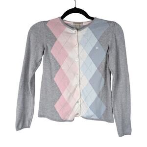 Burberry Girl's Heather Gray Pink Blue Pastel Argyle Cotton Cardigan SZ 12 Years